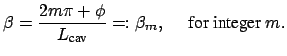 $\displaystyle \beta = \frac{2 m \pi + \phi}{L_{\mbox{\scriptsize cav}}} =: \beta_{m}, \hspace{0.5cm} \mbox{for integer } m.$