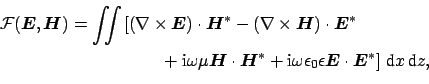 \begin{equation*}\begin{aligned}{\cal{F}(\boldsymbol {E}, \boldsymbol {H})} & = ...
...\boldsymbol {E}^{*} \right] \,\mbox{d}x\,\mbox{d}z, \end{aligned}\end{equation*}