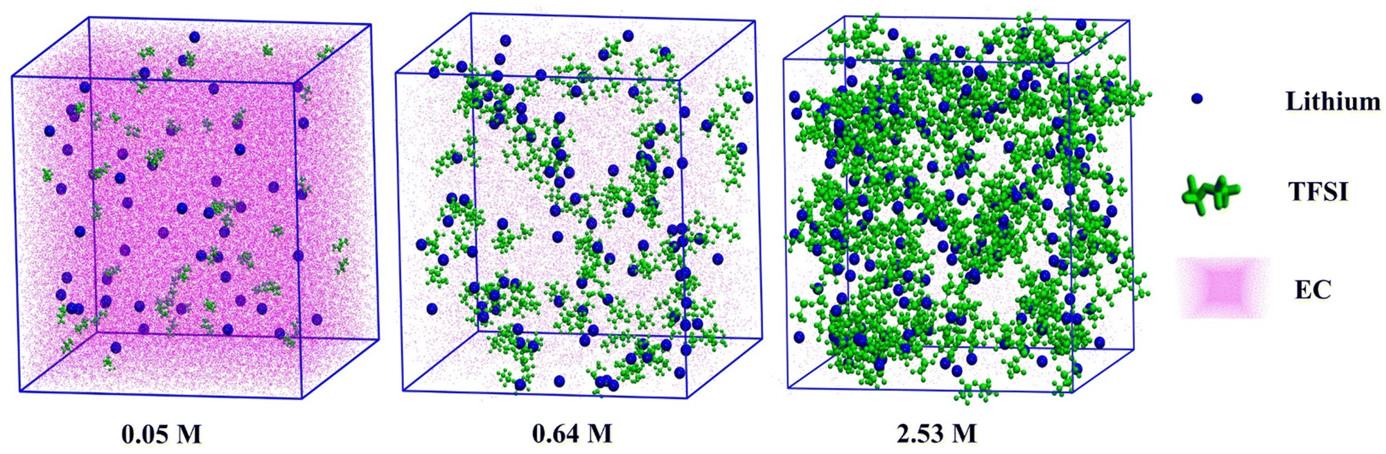 Equilibrated snapshots of the EC-LiTFSI electrolytes at (a) low (c = 0.05 M), (b) intermediate (c = 0.640 M), and (c) high salt concentrations