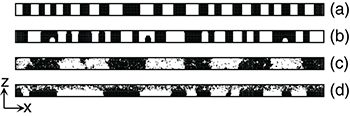 Evolution snapshots at time t for a critical binary (AB) mixture undergoing phase separation in a thin film under a temperature gradient along the z-direction. Black regions denote A-rich domains (ψ > 0), while unmarked regions denote B-rich domains (ψ < 0). Panels (a–d) show results for different noise strengths and temperature-gradient conditions